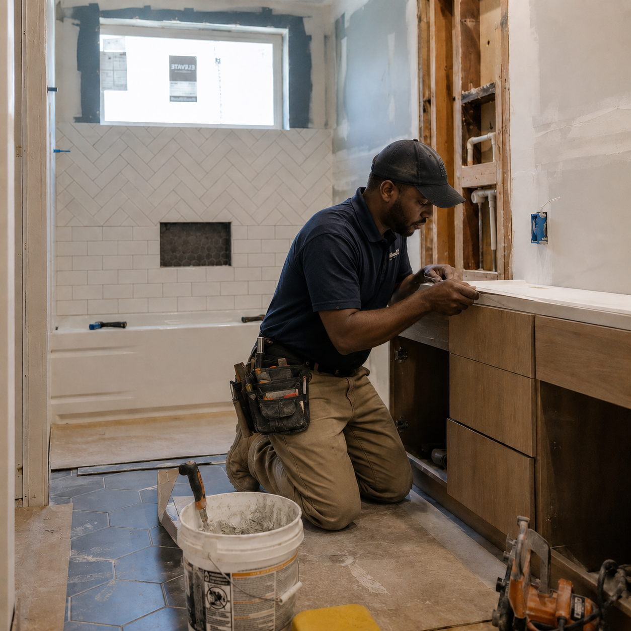 Bathroom renovation contractor installing a vanity during a remodel